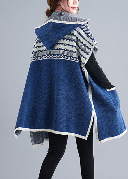 French Blue hooded Casual side open Short Sleeve Fall Knit sweaters Coat