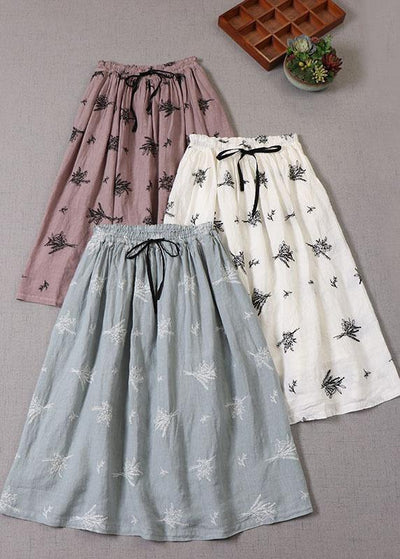 French Blue tie waist Embroideried Fall Pockets Skirt - SooLinen