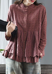 French Brick Red Stand Collar Embroidered Patchwork Cotton Shirt Spring