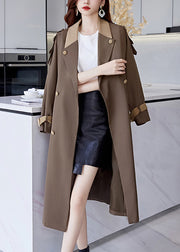 French Brown Button Tie Waist Cotton Long Trench Coat Fall