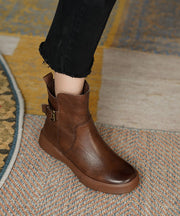 French Brown Cowhide Leather Splicing Boots