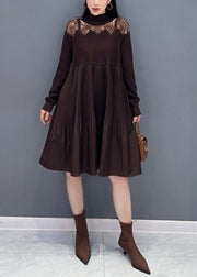 French Brown Hollow Out Wrinkled Knit Dresses Long Sleeve