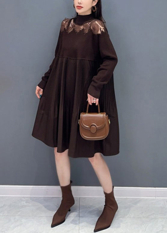 French Brown Hollow Out Wrinkled Knit Dresses Long Sleeve