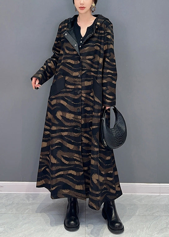 French Brown Hooded Print Button Cotton Long Trench Coat Fall