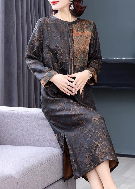 French Brown O-Neck Patchwork Side Open Silk Long Dresses Fall