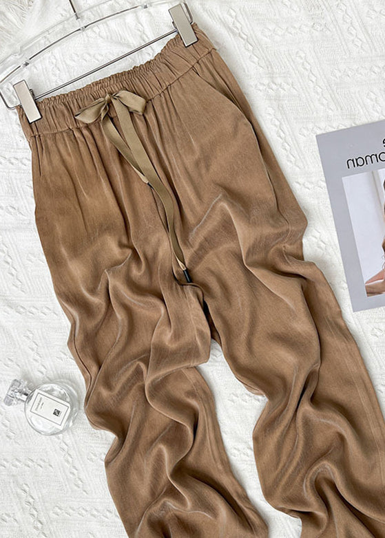 French Brown Pockets Elastic Waist Silk Wide Leg Pants Summer