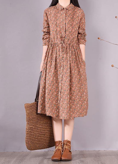 French Brown Print Dresses Lapel Drawstring Maxi Spring Dress - SooLinen