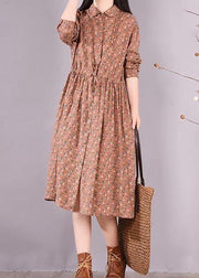 French Brown Print Dresses Lapel Drawstring Maxi Spring Dress - SooLinen
