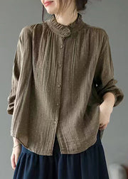 French Brown Ruffled Button Print Cotton Shirt Long Sleeve
