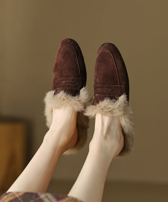 French Brown Slide Sandals Suede Fuzzy Wool Lined