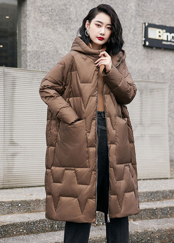 French Brown Solid Hooded Zippered Duck Down Puffers Coats Winter