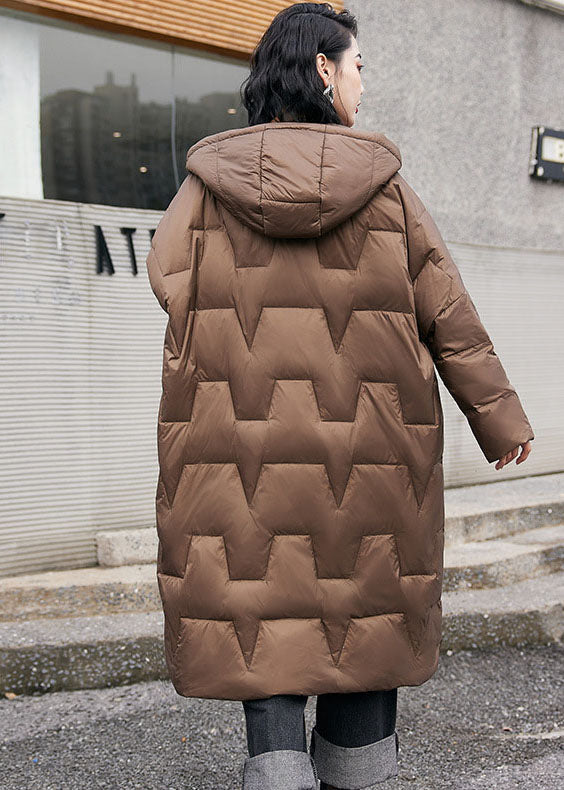 French Brown Solid Hooded Zippered Duck Down Puffers Coats Winter