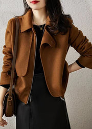 French Brown Zip Up Button Patchwork Woolen Coats Fall