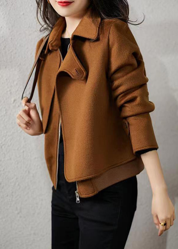 French Brown Zip Up Button Patchwork Woolen Coats Fall