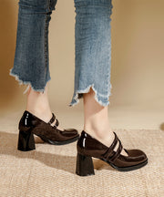 French Buckle Strap Chunky Heel Brown Faux Leather
