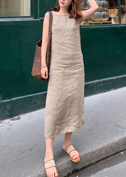 French Camel Asymmetrical Linen Long Dress Sleeveless