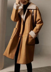 French Camel Button Pockets Warm Fleece Faux Suede Coat Winter