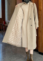 French Camel Button Tie Waist Pockets Thick Woolen Long Coats Winter