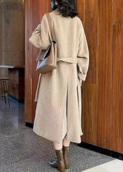 French Camel Button Tie Waist Pockets Thick Woolen Long Coats Winter