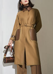 French Camel Button Tie Waist Pockets Woolen Trench Coat Fall