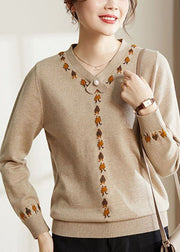 French Camel V Neck Embroidered Thick Knit Sweater Tops Long Sleeve