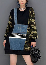 French Camouflage Asymmetrical Patchwork Denim Cotton Loose Sweatshirts Top Fall