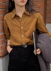 French Caramel Button Pockets Patchwork Cotton Blouse Fall