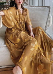 French Caramel O Neck Jacquard Drawstring Silk Cinch Dresses Summer