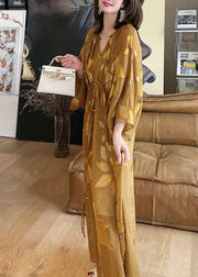 French Caramel O Neck Jacquard Drawstring Silk Cinch Dresses Summer