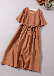 French Caramel V Neck Patchwork Linen Party Dress Short Sleeve