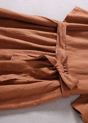 French Caramel V Neck Patchwork Linen Party Dress Short Sleeve