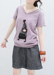 French Cartoon print cotton tunic top Photography v neck tops light purple - SooLinen