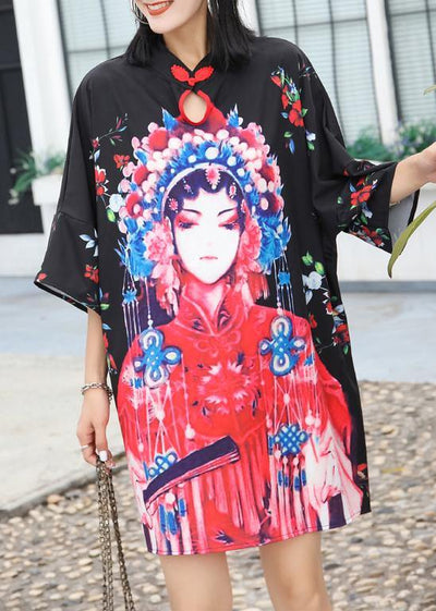 French Chinese Button blended dresses Fabrics black prints Dresses summer - SooLinen