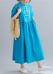 French Chinese Button linen summerWardrobes Wardrobes blue sttand collar Dress - SooLinen