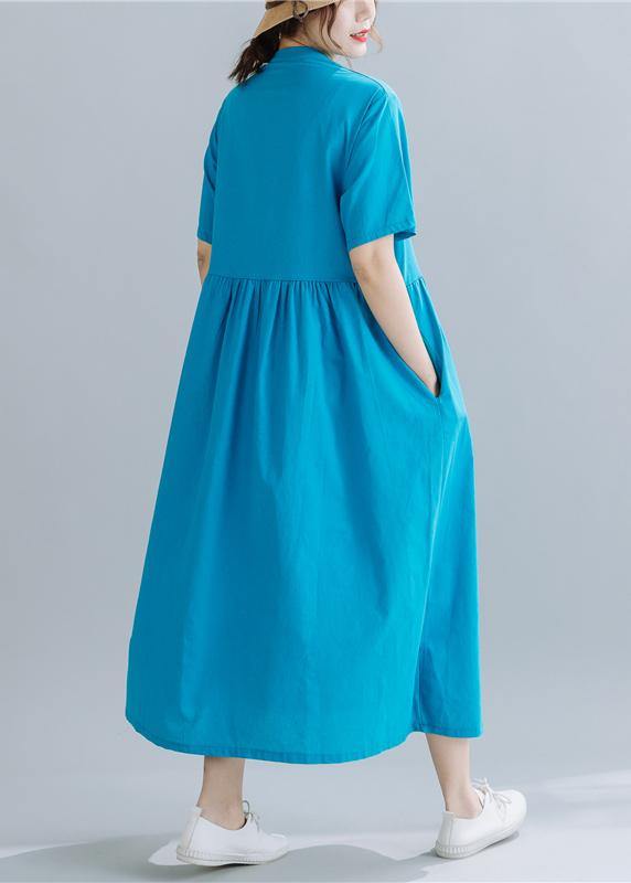 French Chinese Button linen summerWardrobes Wardrobes blue sttand collar Dress - SooLinen