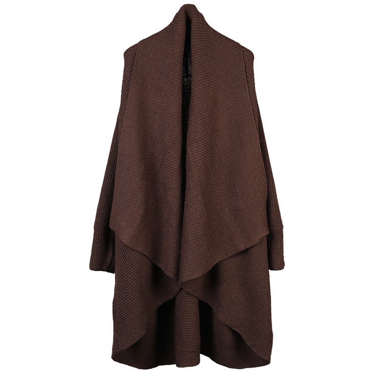 French Chocolate Bat Wing Sleeve Loose Asymmetrical Design Fall Long Sweater Coat
