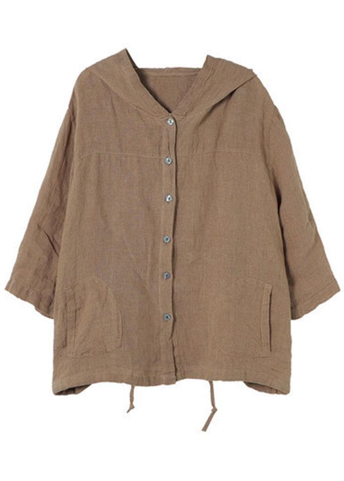 French Chocolate Linenhooded SummerPatchwork Shirt Tops - SooLinen