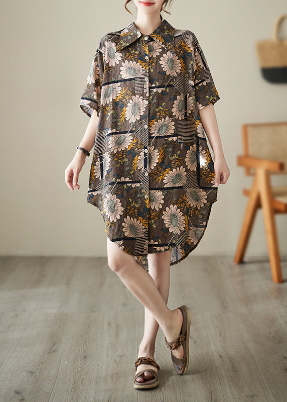 French Chocolate Peter Pan Collar Floral Print Cotton Shirt Dresses Summer
