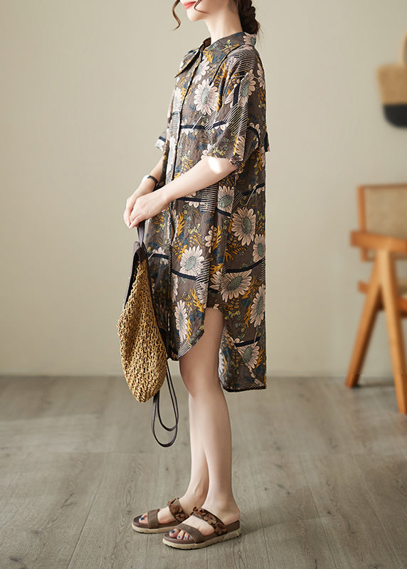 French Chocolate Peter Pan Collar Floral Print Cotton Shirt Dresses Summer