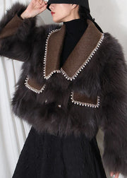 French Chocolate Peter Pan Collar Patchwork leather and fur coats Winter