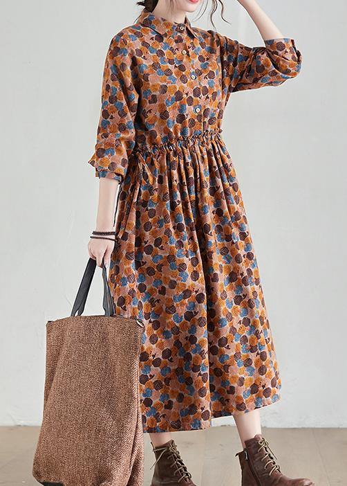 French Chocolate Print Long Lapel Cinched Traveling Spring Dresses - SooLinen