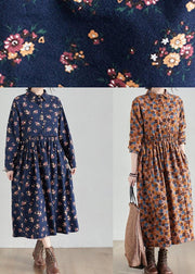 French Chocolate Print Long Lapel Cinched Traveling Spring Dresses - SooLinen