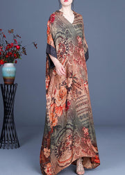 French Chocolate Print V Neck Oversize Summer Silk Long Dress - SooLinen