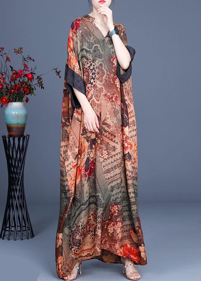 French Chocolate Print V Neck Oversize Summer Silk Long Dress - SooLinen