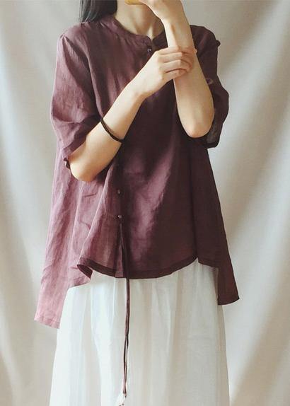 French Chocolate Shirts Women Stand Collar Asymmetric baggy Blouse - SooLinen
