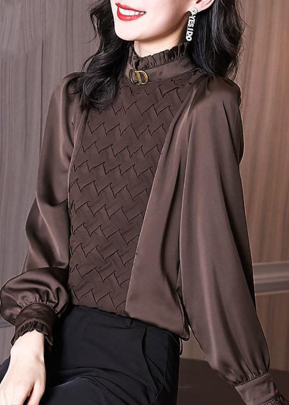 French Chocolate Stand Collar Ruffled Chiffon Shirt Top Long Sleeve