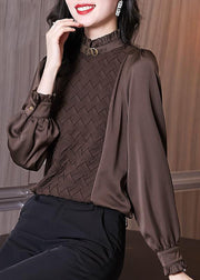 French Chocolate Stand Collar Ruffled Chiffon Shirt Top Long Sleeve