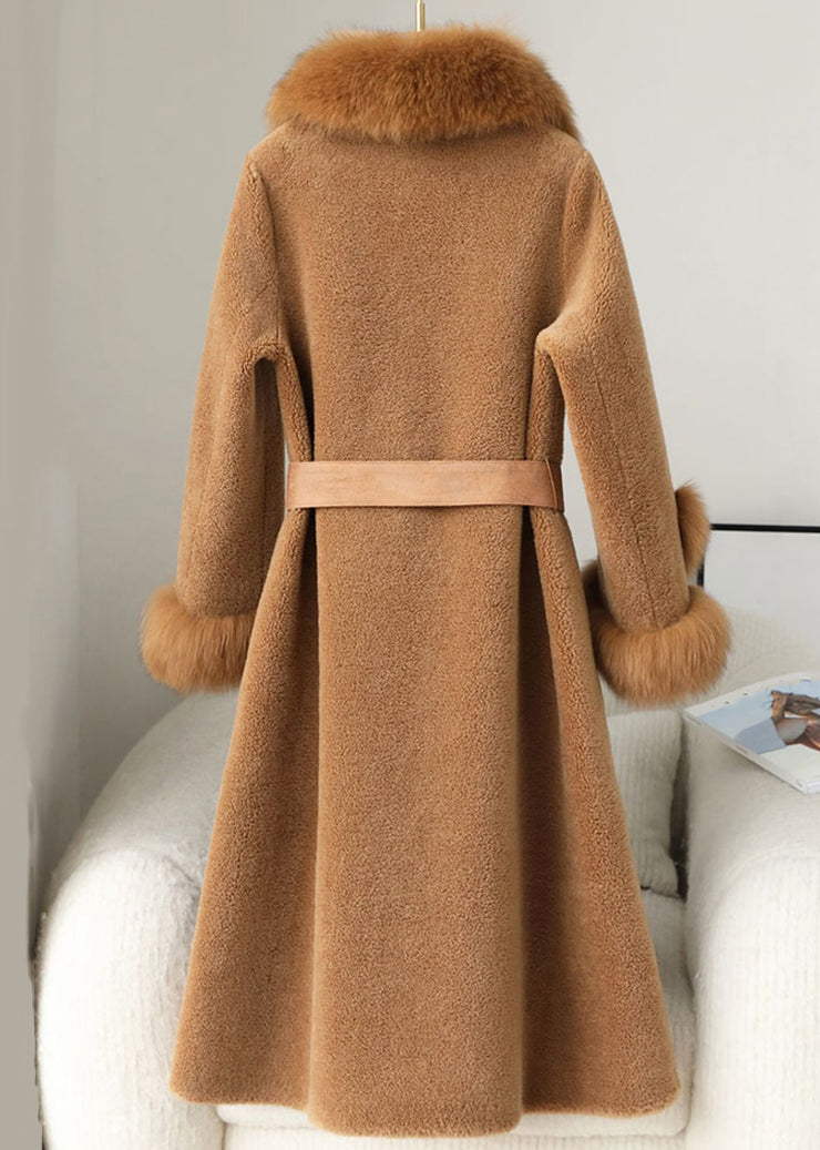 French Coffee Button Pockets Patchwork Fuzzy Fur Coat Winter