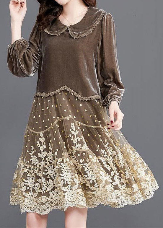 French Chocolate Embroidered Patchwork Velour Long Dresses Winter
