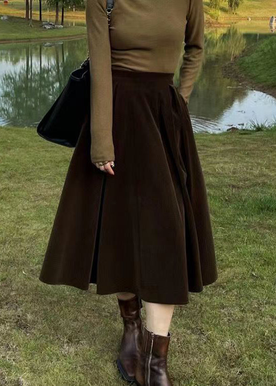 French Coffee High Waist Pockets  Silk Velour Skirt Fall